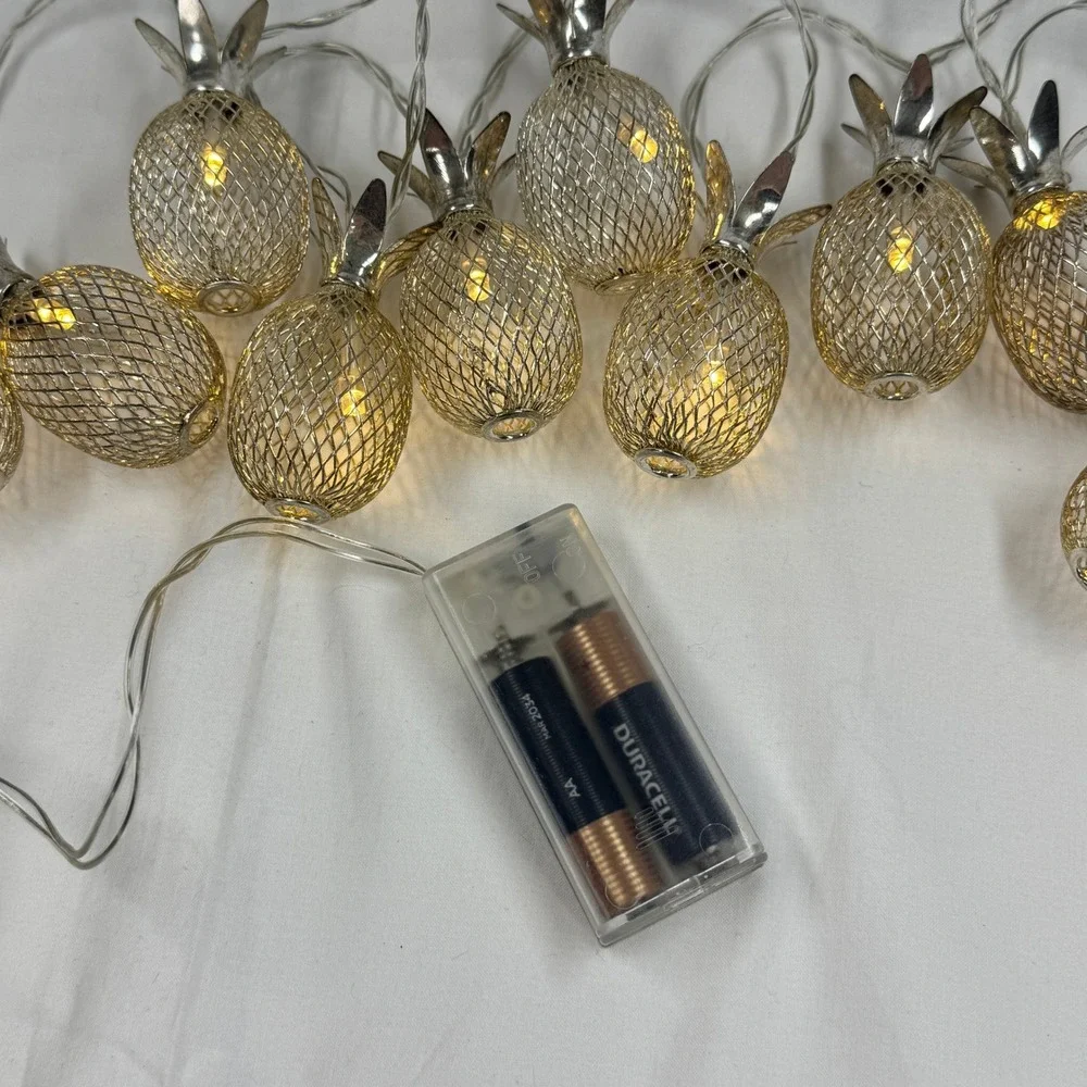 Gold Metal Mesh Pineapple String Lights Battery Operated LED Fairy Lights 10ct